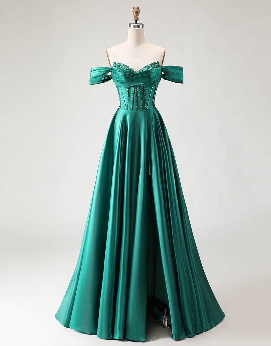 Sparkly Dark Green Beaded Long Corset A Line Prom Dress with Slit