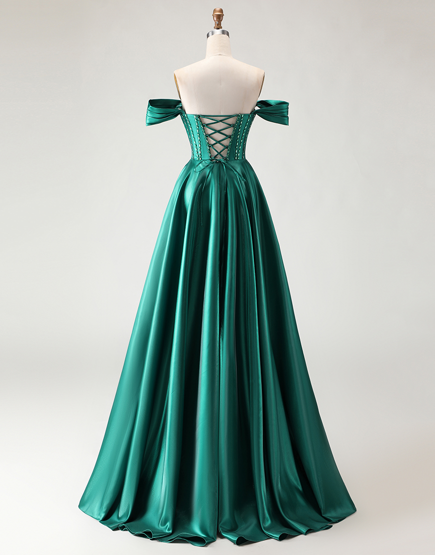 Sparkly Dark Green Beaded Long Corset A Line Prom Dress with Slit