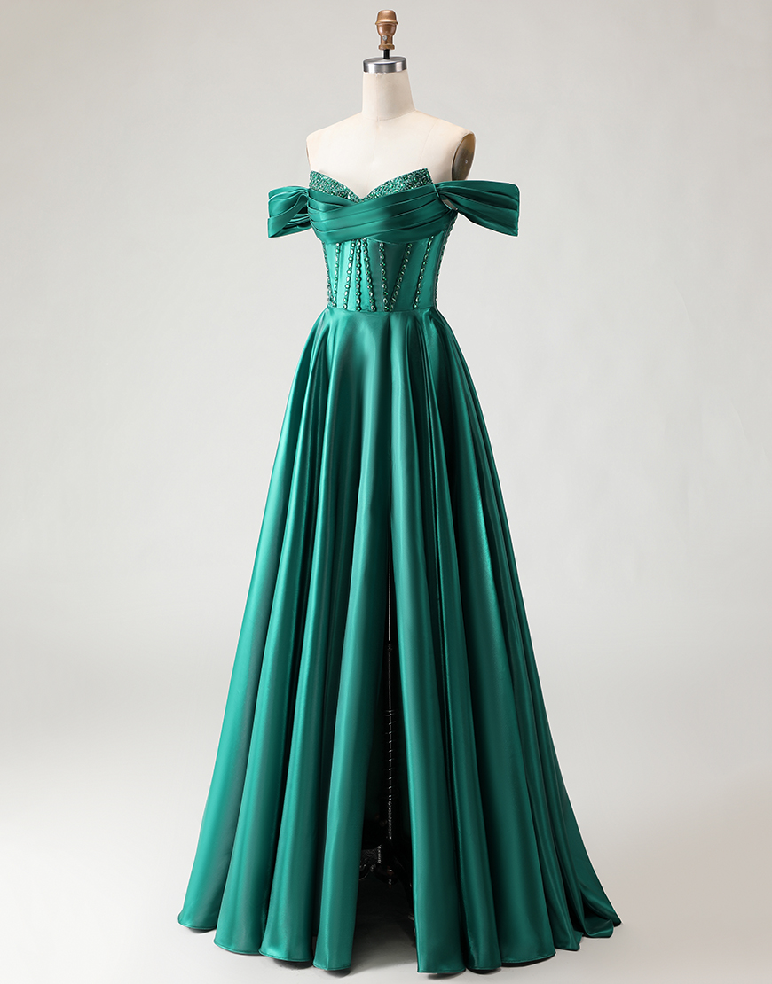 Sparkly Dark Green Beaded Long Corset A Line Prom Dress with Slit