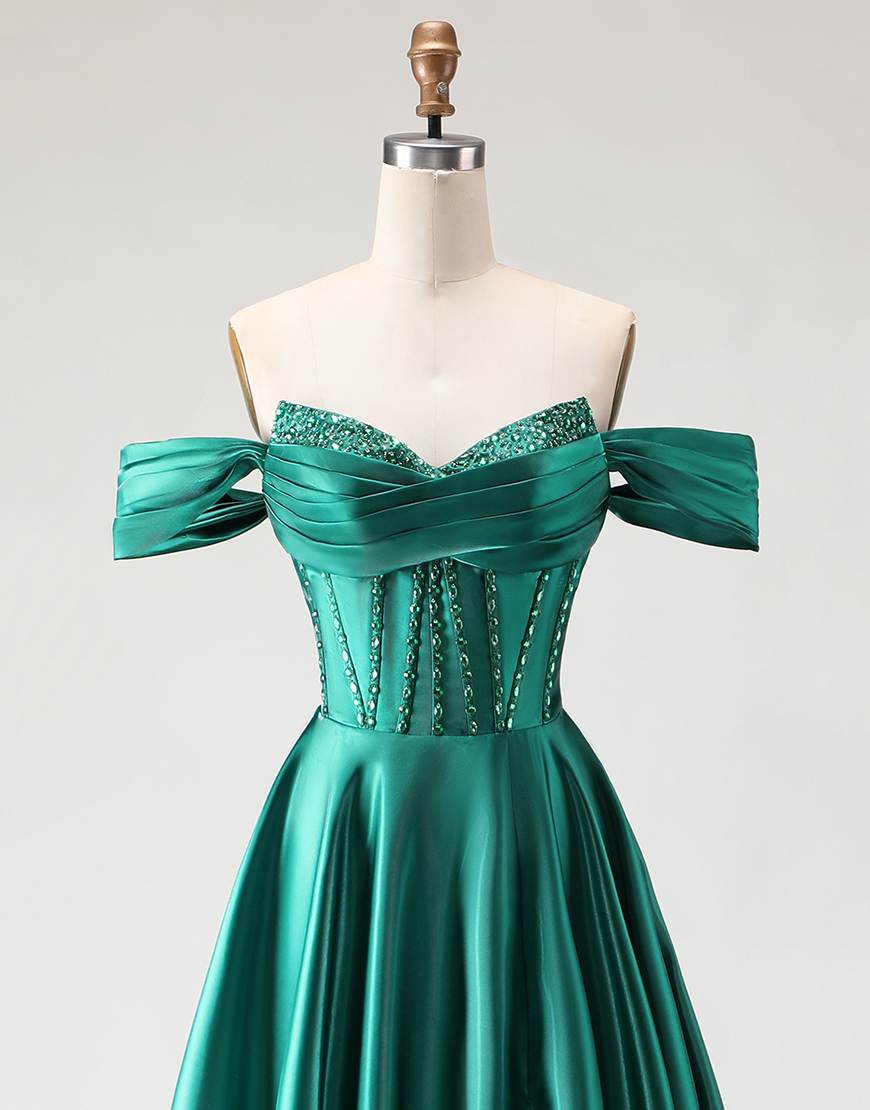 Sparkly Dark Green Beaded Long Corset A Line Prom Dress with Slit