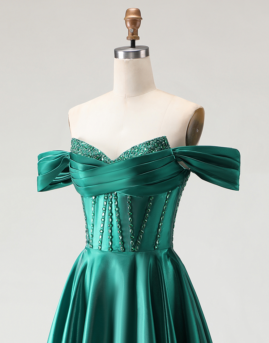 Sparkly Dark Green Beaded Long Corset A Line Prom Dress with Slit