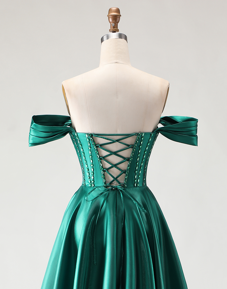 Sparkly Dark Green Beaded Long Corset A Line Prom Dress with Slit