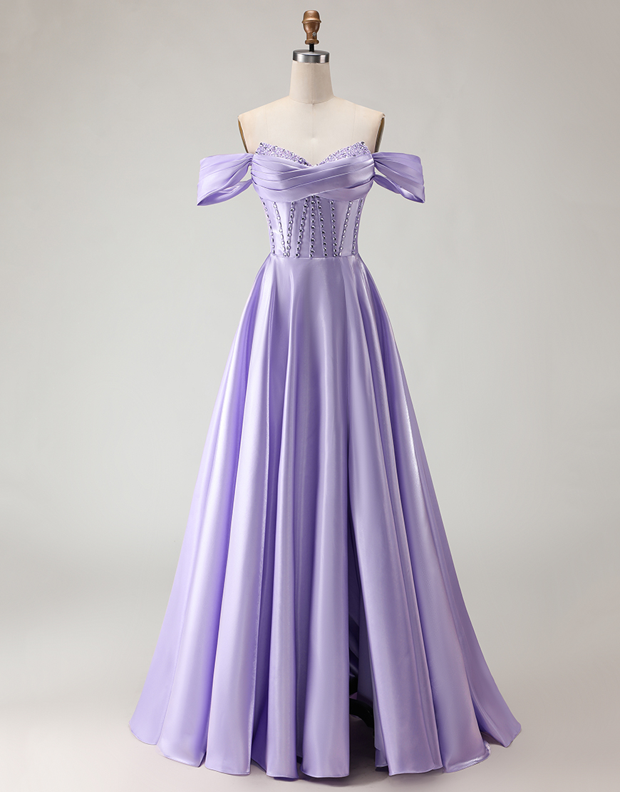 Sparkly Purple Beaded Corset Long Satin A Line Prom Dress with Slit