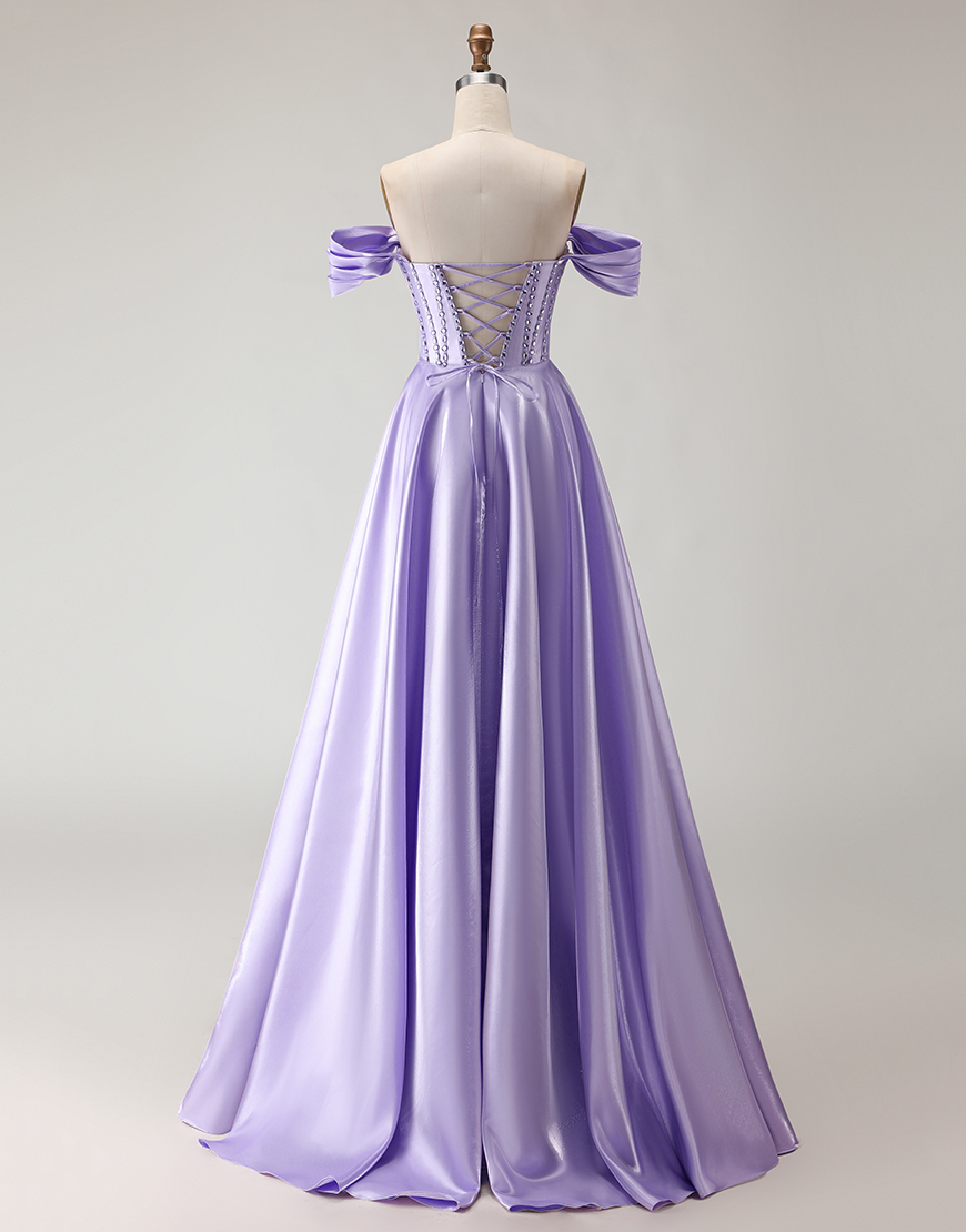 Sparkly Purple Beaded Corset Long Satin A Line Prom Dress with Slit