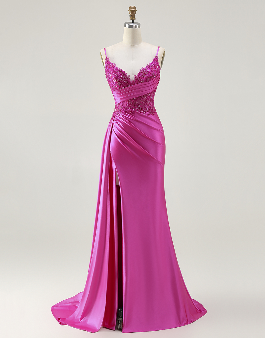 Sparkly Fuchsia Mermaid Spaghetti Straps Long Prom Dress with Slit