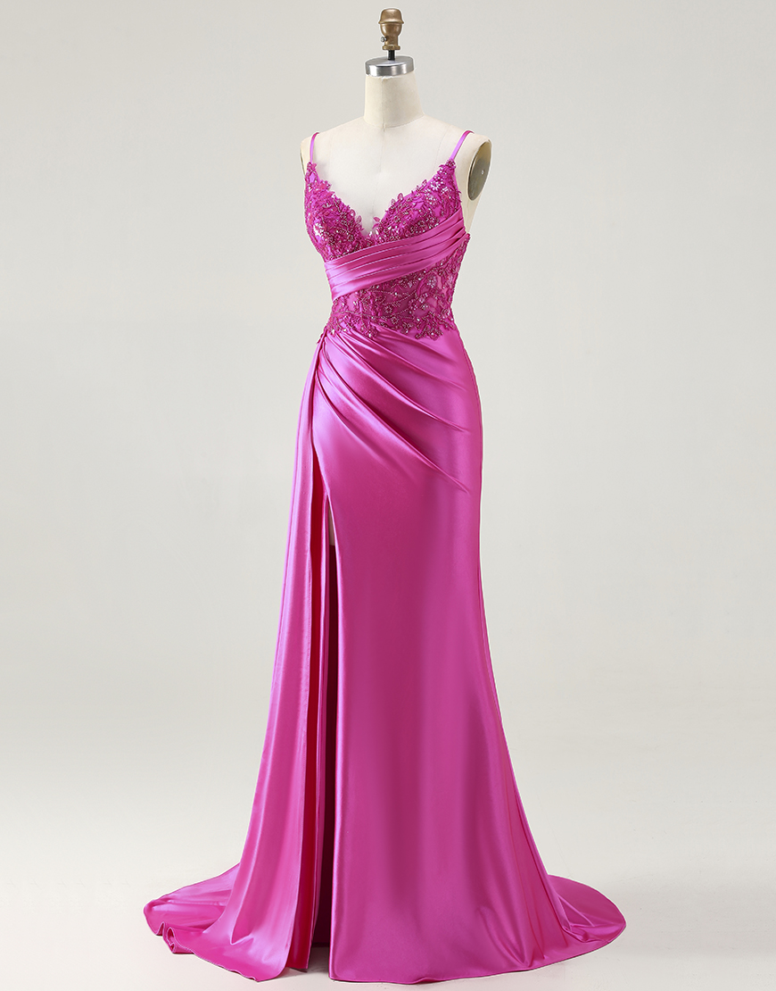 Sparkly Fuchsia Mermaid Spaghetti Straps Long Prom Dress with Slit