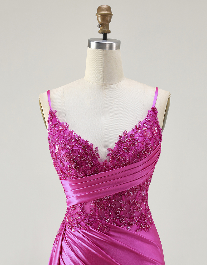 Sparkly Fuchsia Mermaid Spaghetti Straps Long Prom Dress with Slit