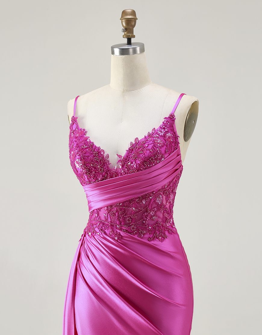 Sparkly Fuchsia Mermaid Spaghetti Straps Long Prom Dress with Slit