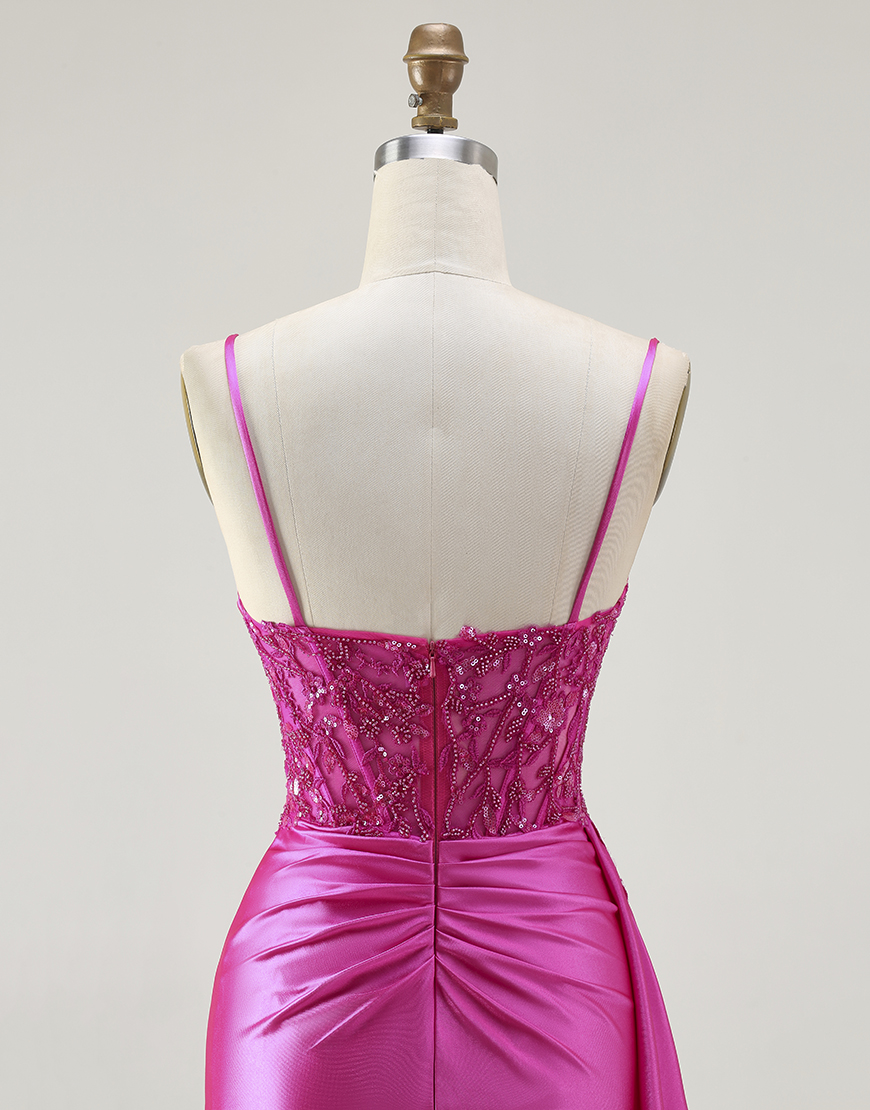 Sparkly Fuchsia Mermaid Spaghetti Straps Long Prom Dress with Slit