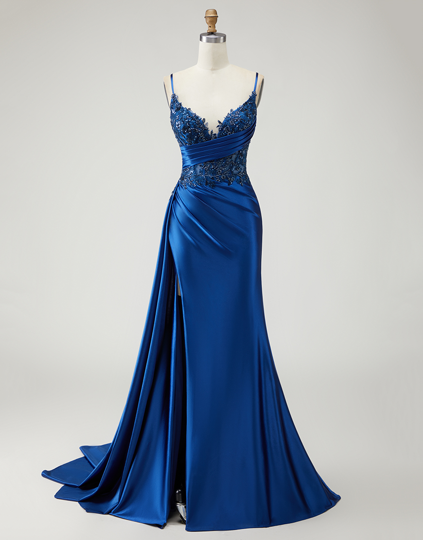 Sparkly Navy Mermaid Beaded Long Prom Dress with Slit