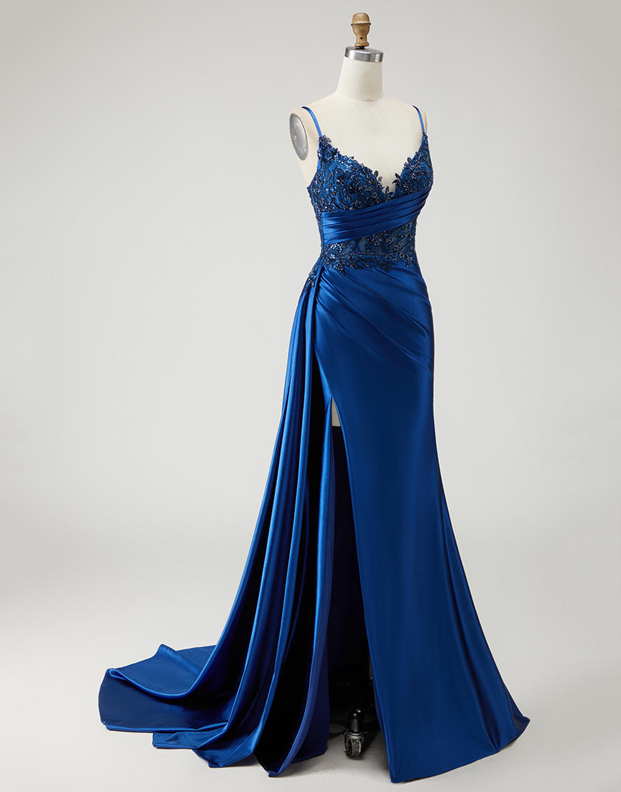 Sparkly Navy Mermaid Beaded Long Prom Dress with Slit