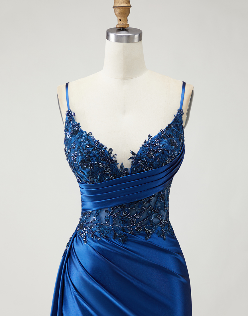 Sparkly Navy Mermaid Beaded Long Prom Dress with Slit