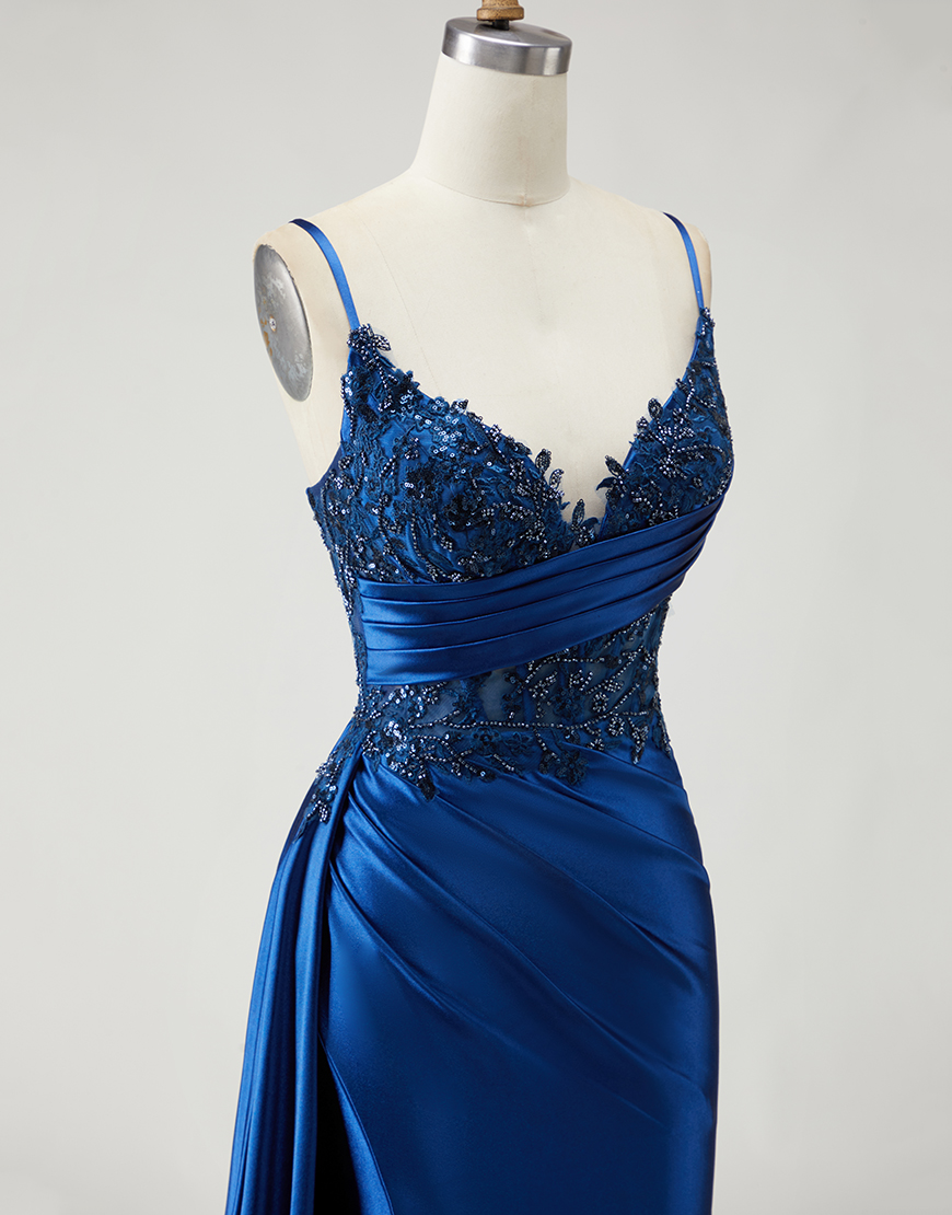 Sparkly Navy Mermaid Beaded Long Prom Dress with Slit