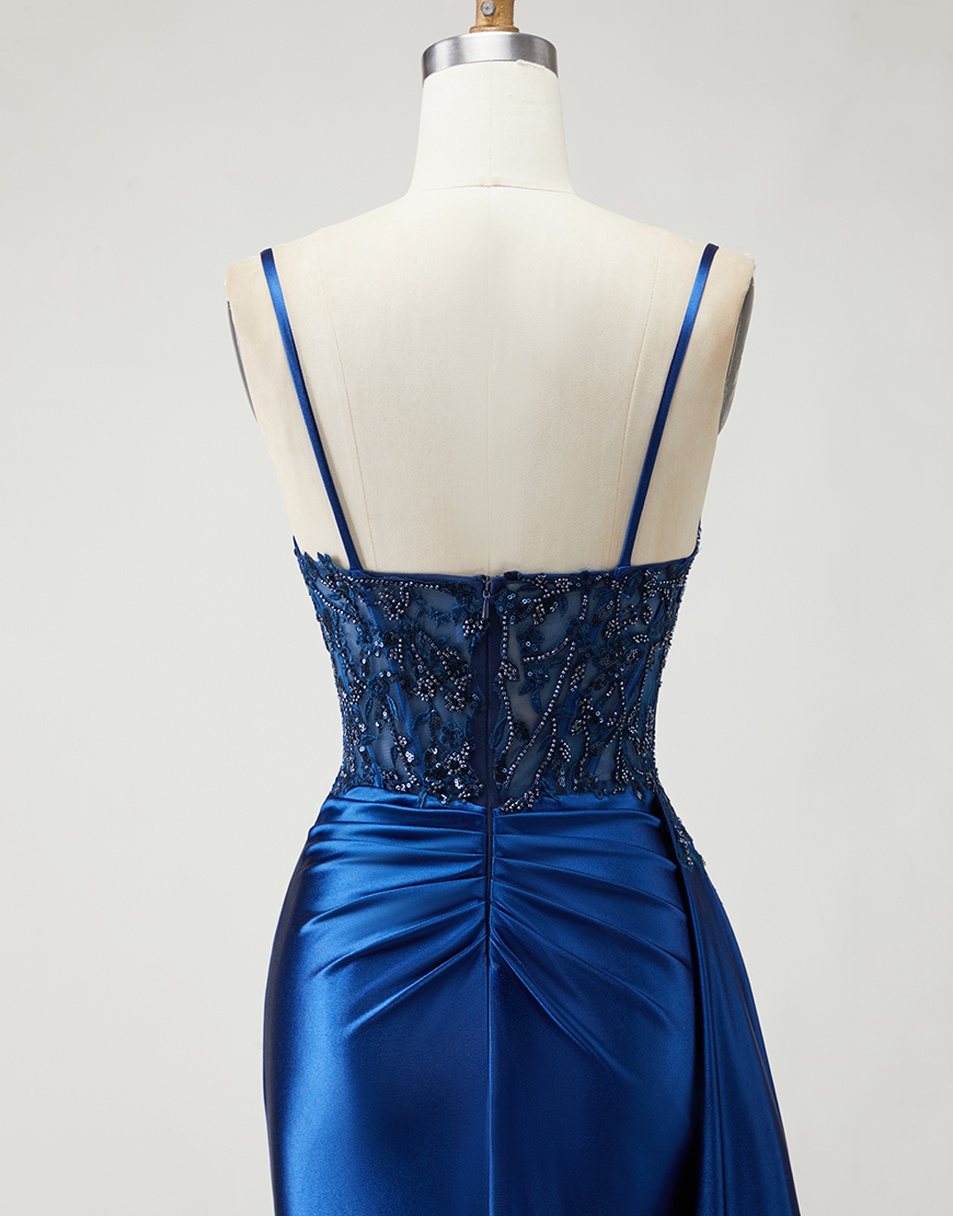 Sparkly Navy Mermaid Beaded Long Prom Dress with Slit