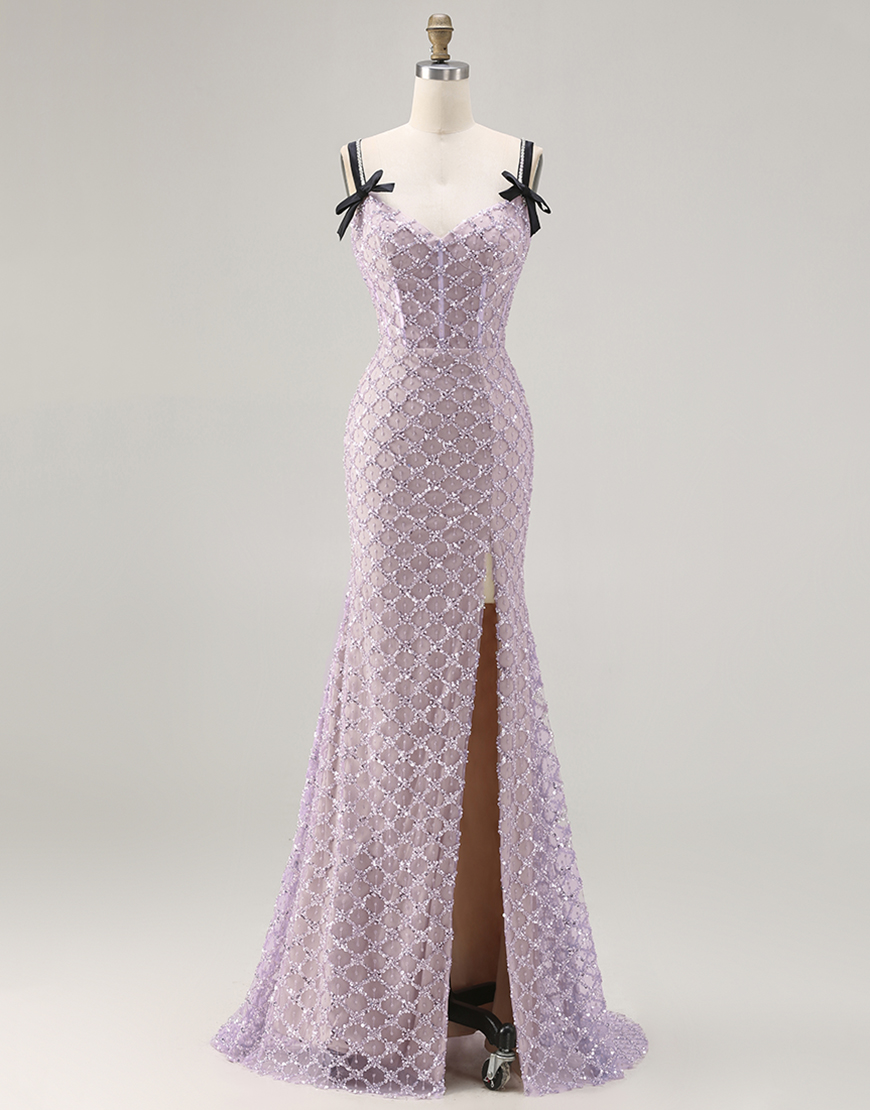 Sparkly Lilac Sequins Beaded Mermaid Long Prom Dress with Slit