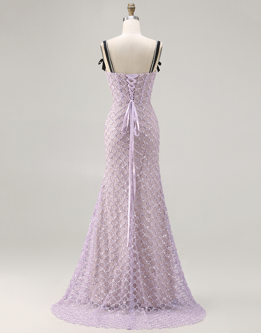 Sparkly Lilac Sequins Beaded Mermaid Long Prom Dress with Slit