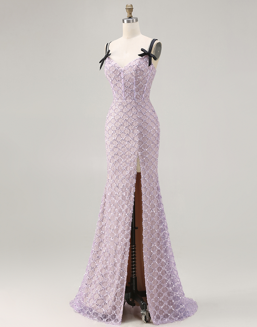 Sparkly Lilac Sequins Beaded Mermaid Long Prom Dress with Slit