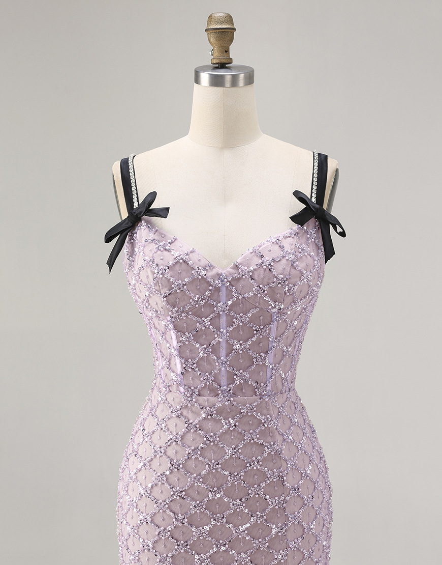 Sparkly Lilac Sequins Beaded Mermaid Long Prom Dress with Slit