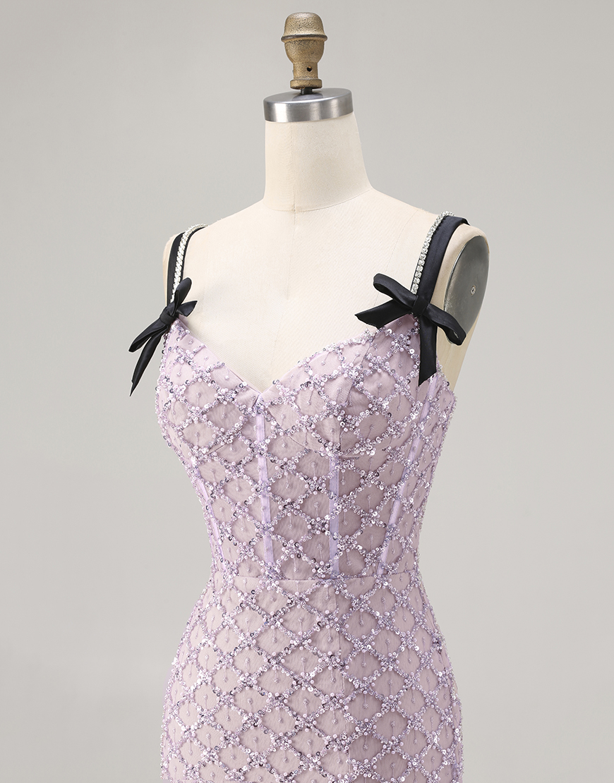 Sparkly Lilac Sequins Beaded Mermaid Long Prom Dress with Slit