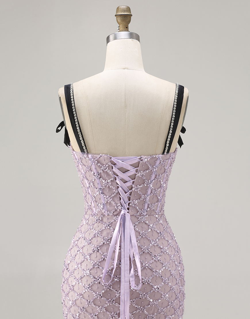 Sparkly Lilac Sequins Beaded Mermaid Long Prom Dress with Slit