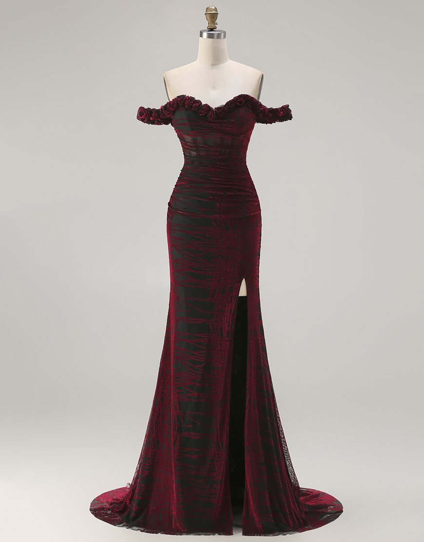 Floral Black and Red Long Corset Mermaid Prom Dress with Slit