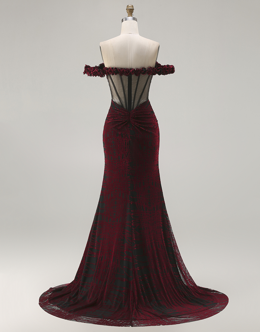 Floral Black and Red Long Corset Mermaid Prom Dress with Slit