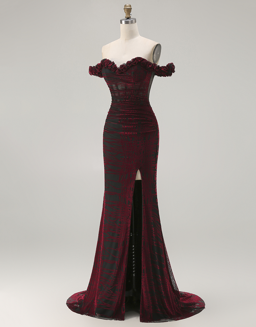 Floral Black and Red Long Corset Mermaid Prom Dress with Slit