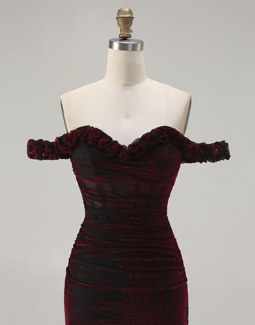 Floral Black and Red Long Corset Mermaid Prom Dress with Slit