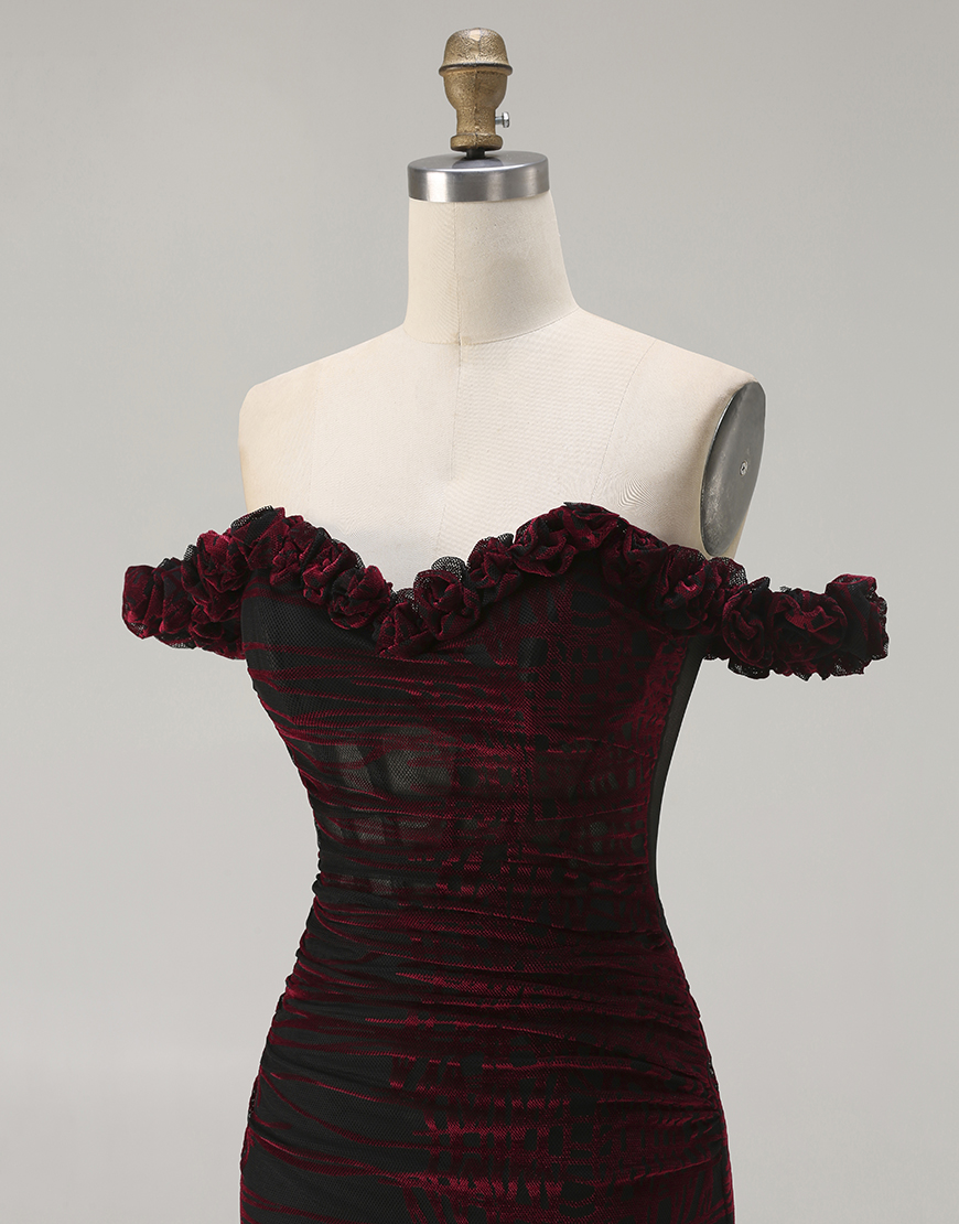 Floral Black and Red Long Corset Mermaid Prom Dress with Slit