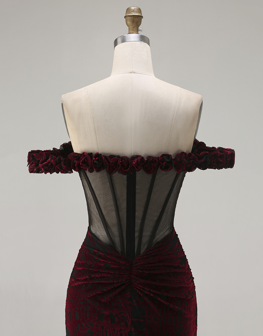 Floral Black and Red Long Corset Mermaid Prom Dress with Slit