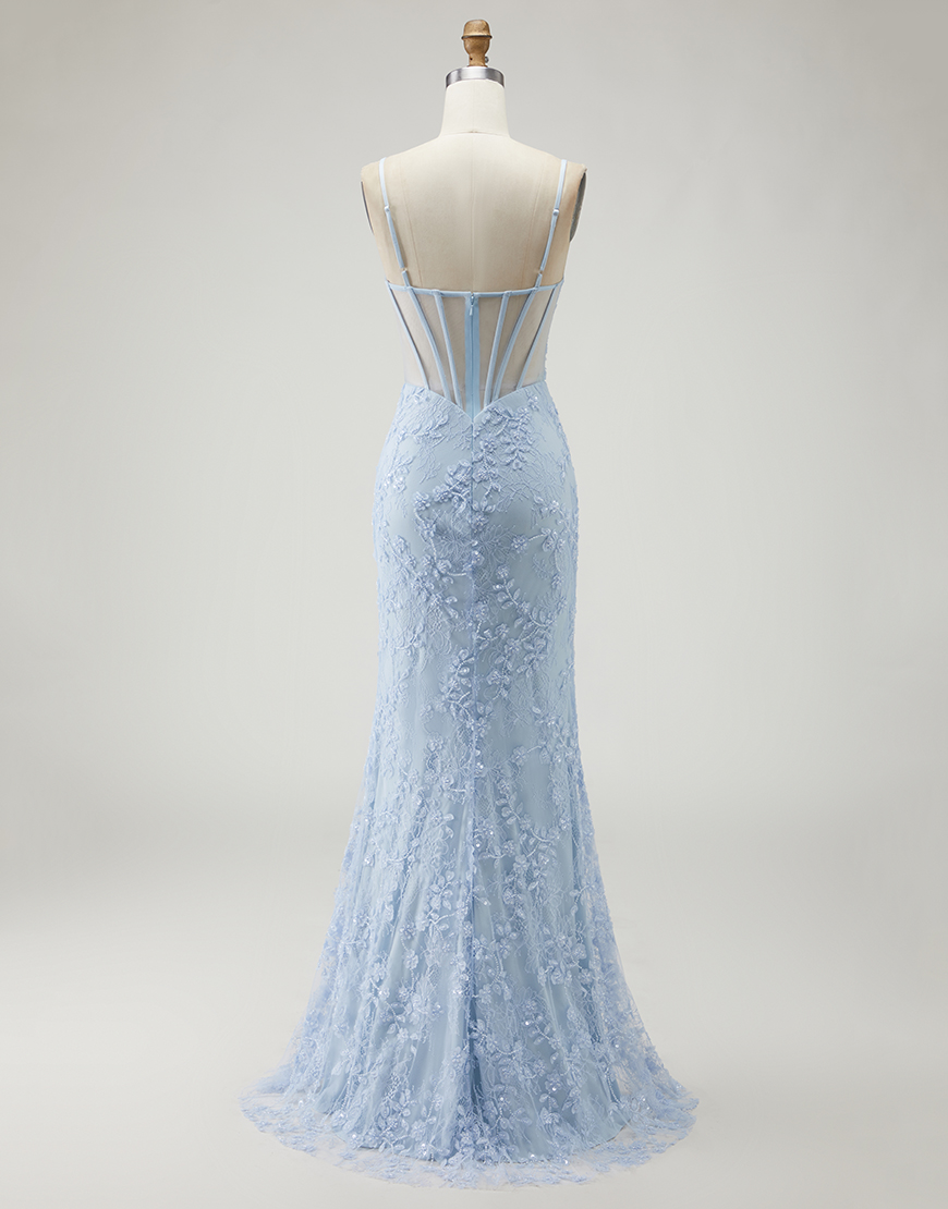 Sparkly Blue Beaded Corset Floral Mermaid Long Prom Dress with Slit