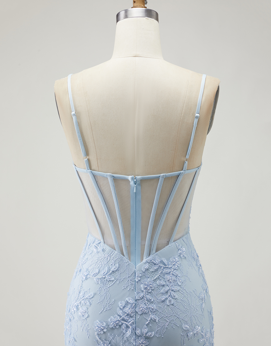 Sparkly Blue Beaded Corset Floral Mermaid Long Prom Dress with Slit