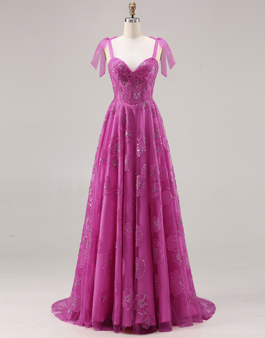 Sparkly Fuchsia A Line Floral Long Corset Prom Dress with Beading