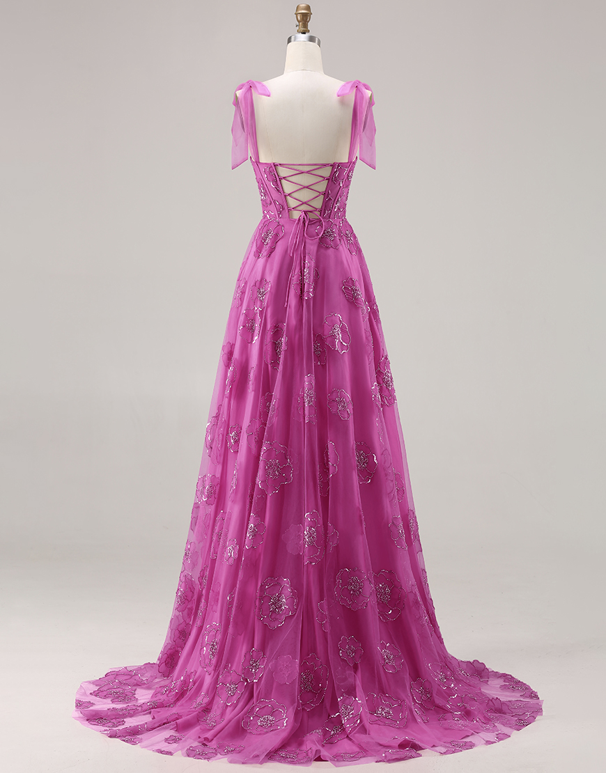 Sparkly Fuchsia A Line Floral Long Corset Prom Dress with Beading