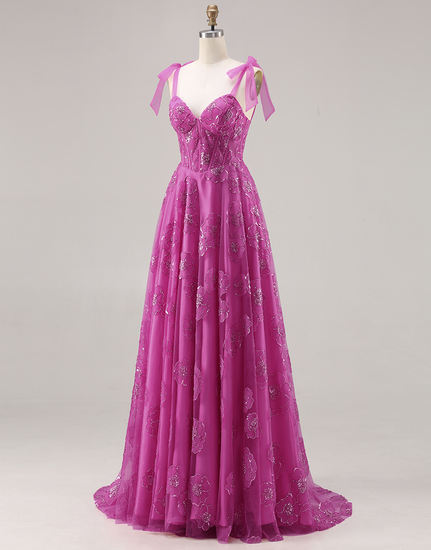 Sparkly Fuchsia A Line Floral Long Corset Prom Dress with Beading