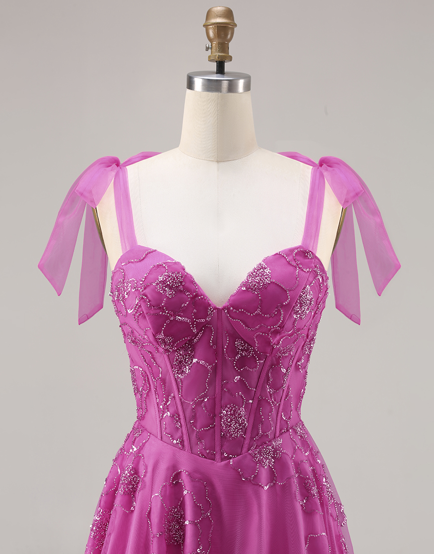 Sparkly Fuchsia A Line Floral Long Corset Prom Dress with Beading