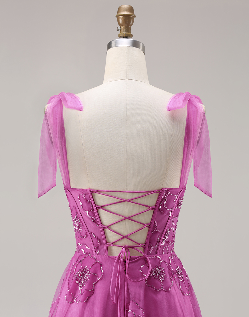 Sparkly Fuchsia A Line Floral Long Corset Prom Dress with Beading