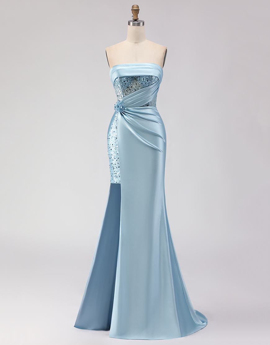 Sparkly Blue Corset Beaded Mermaid Satin Long Prom Dress with Slit