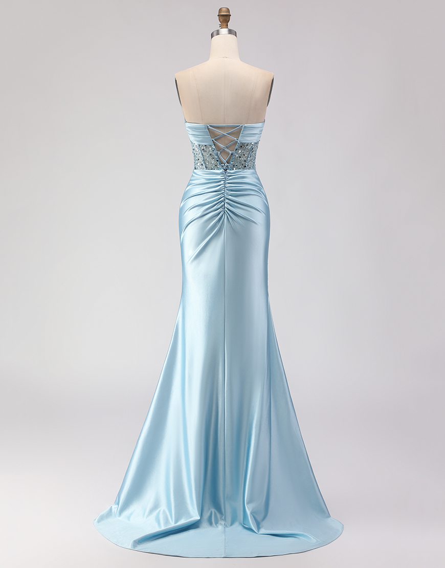 Sparkly Blue Corset Beaded Mermaid Satin Long Prom Dress with Slit