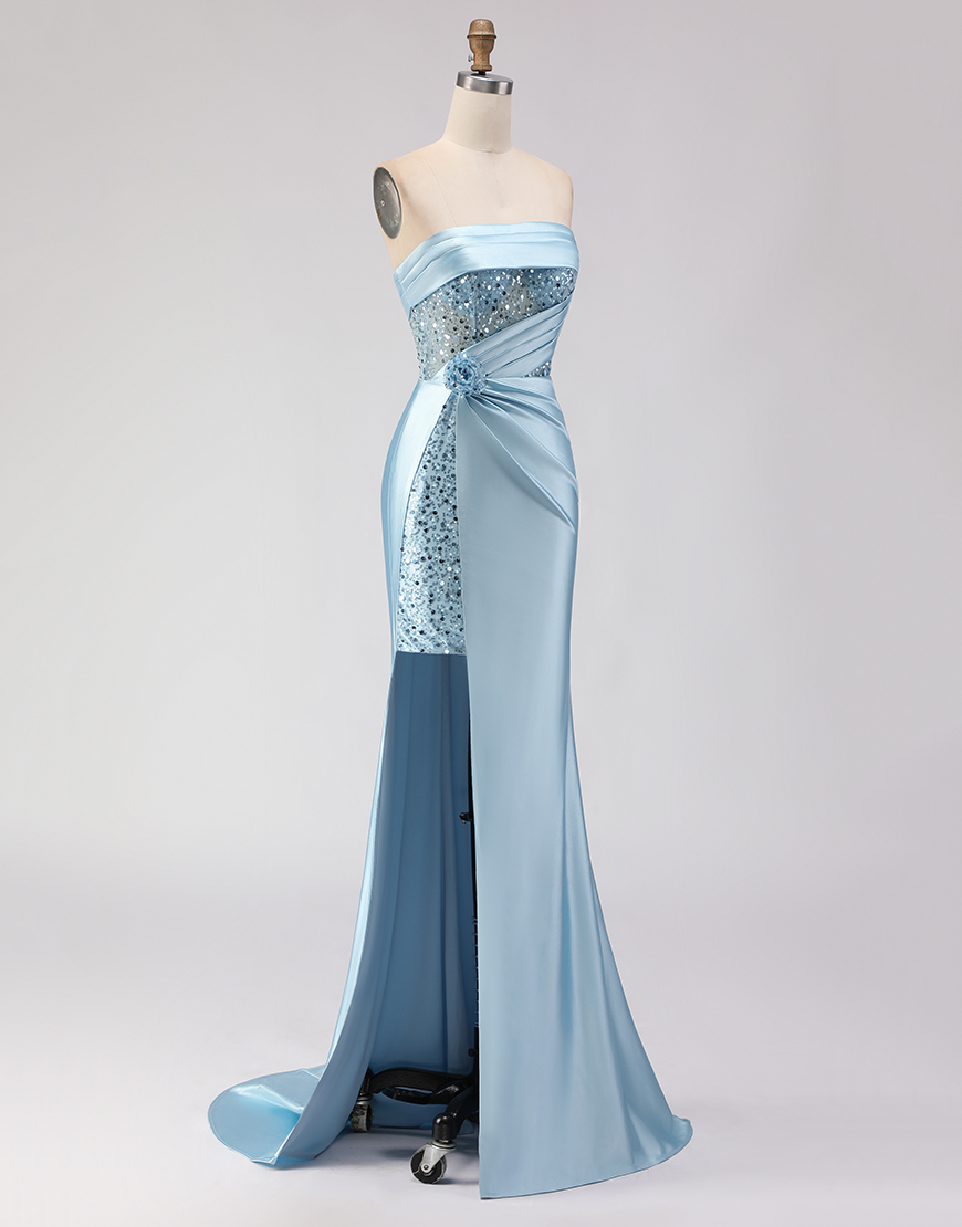 Sparkly Blue Corset Beaded Mermaid Satin Long Prom Dress with Slit