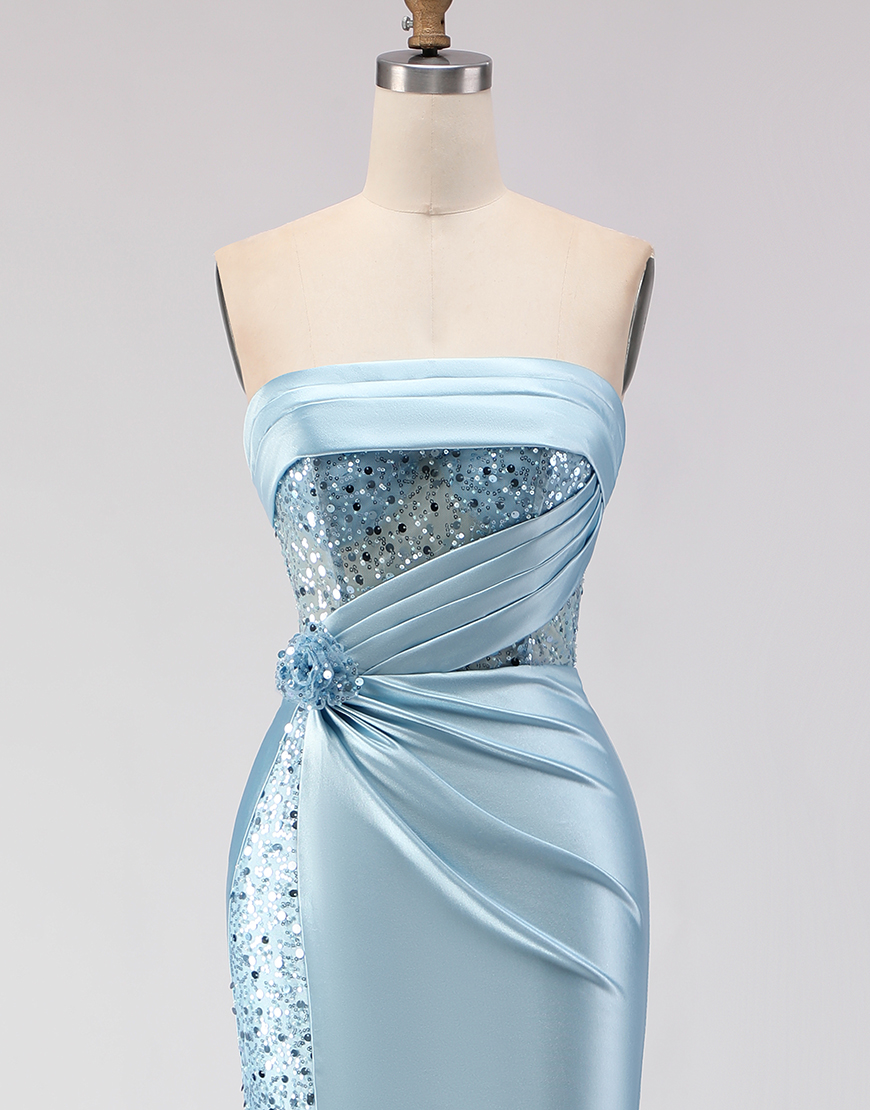 Sparkly Blue Corset Beaded Mermaid Satin Long Prom Dress with Slit
