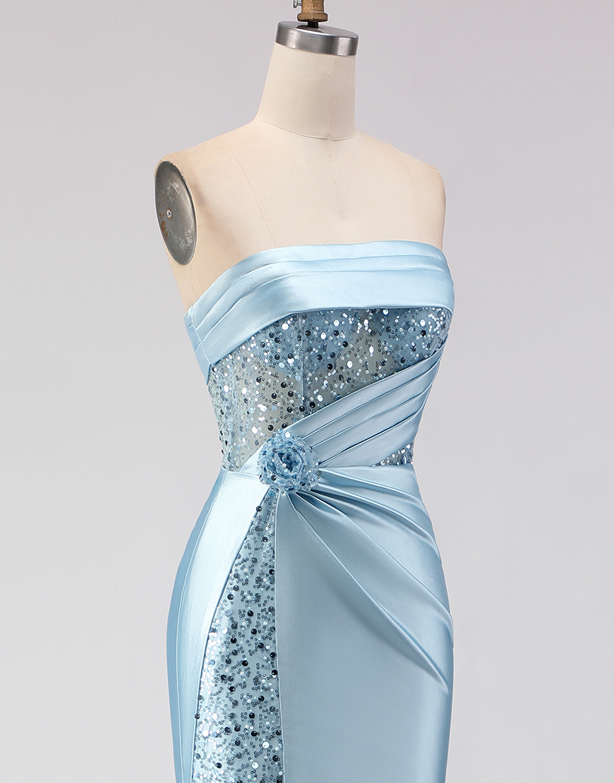 Sparkly Blue Corset Beaded Mermaid Satin Long Prom Dress with Slit