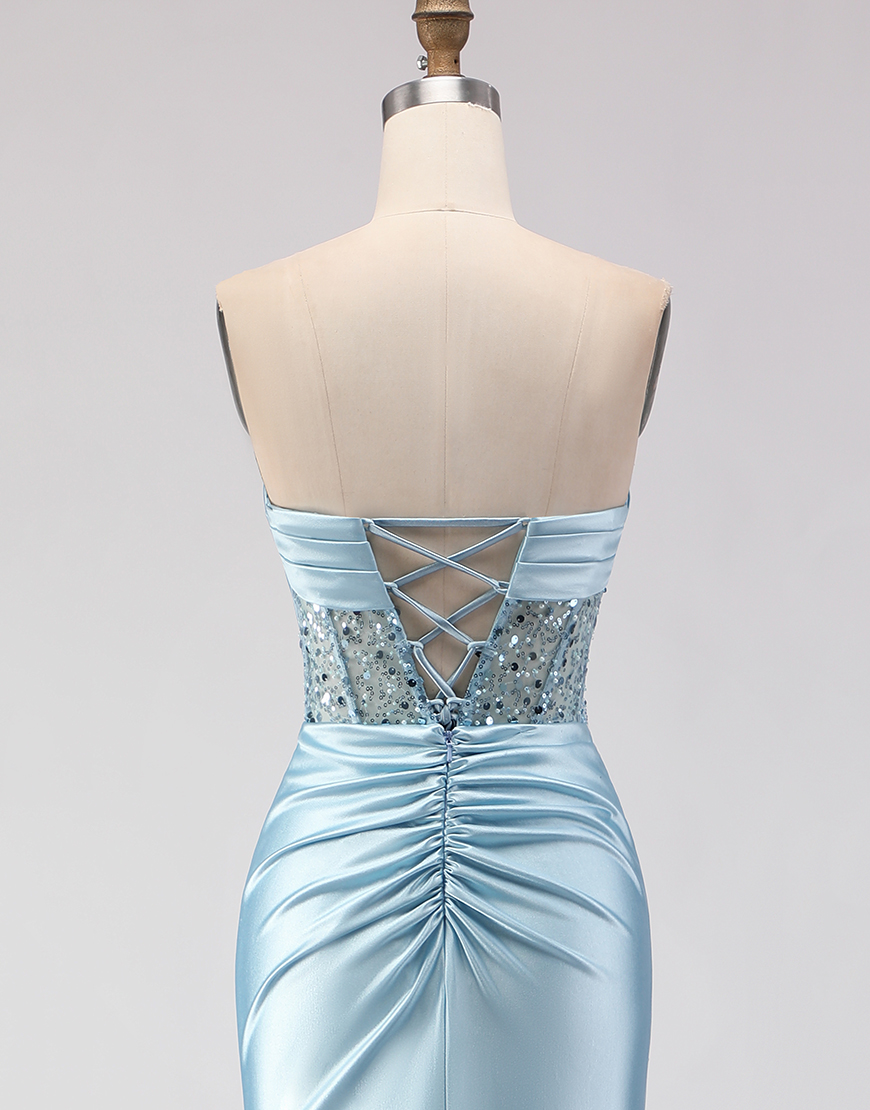 Sparkly Blue Corset Beaded Mermaid Satin Long Prom Dress with Slit