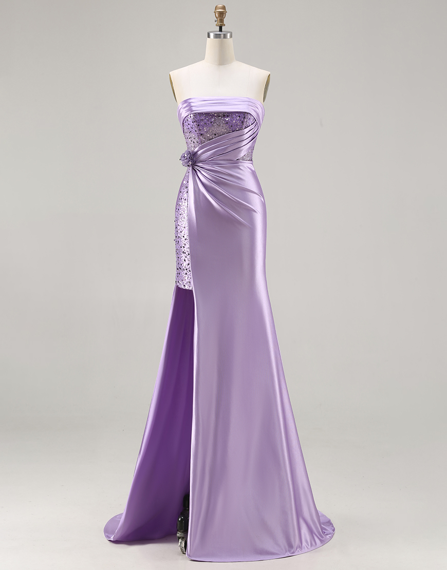 Sparkly Blue Corset Beaded Mermaid Satin Long Prom Dress with Slit