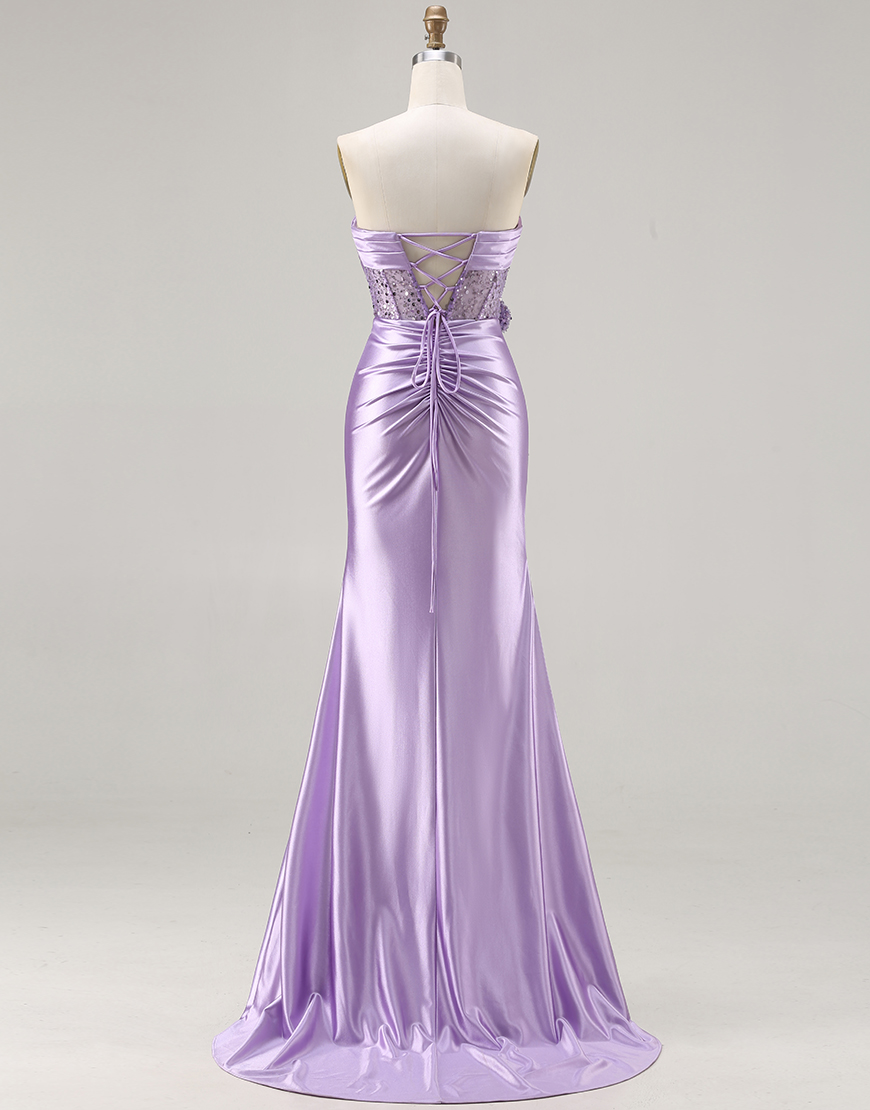 Sparkly Blue Corset Beaded Mermaid Satin Long Prom Dress with Slit