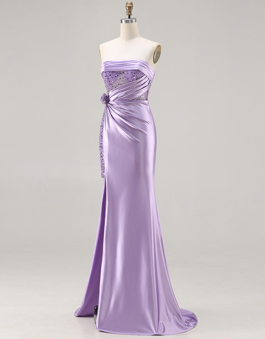 Sparkly Blue Corset Beaded Mermaid Satin Long Prom Dress with Slit