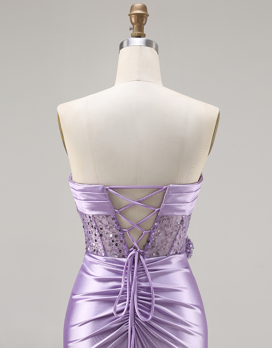 Sparkly Blue Corset Beaded Mermaid Satin Long Prom Dress with Slit