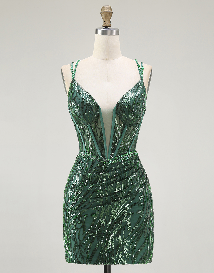 Berlinnova Women Sparkly Dark Green Short Tight Homecoming Dress Sequins Spaghetti Strap Hoco Dress