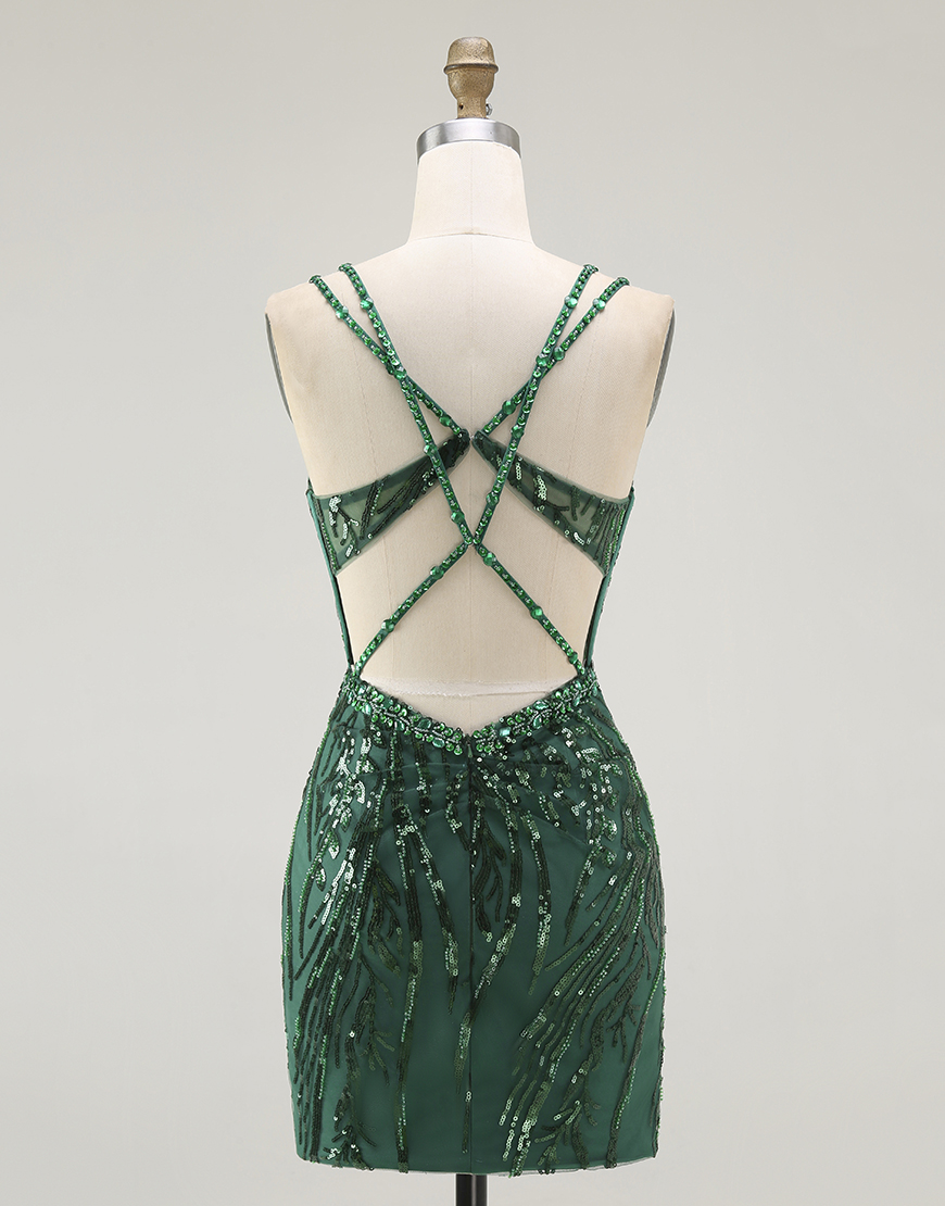 Sparkly Dark Green Short Spaghetti Strap Sequins Tight Homecoming Dress