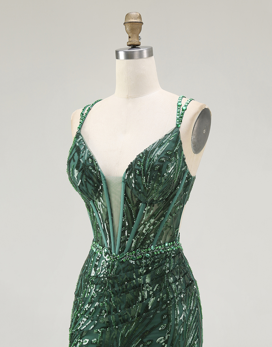 Sparkly Dark Green Short Spaghetti Strap Sequins Tight Homecoming Dress